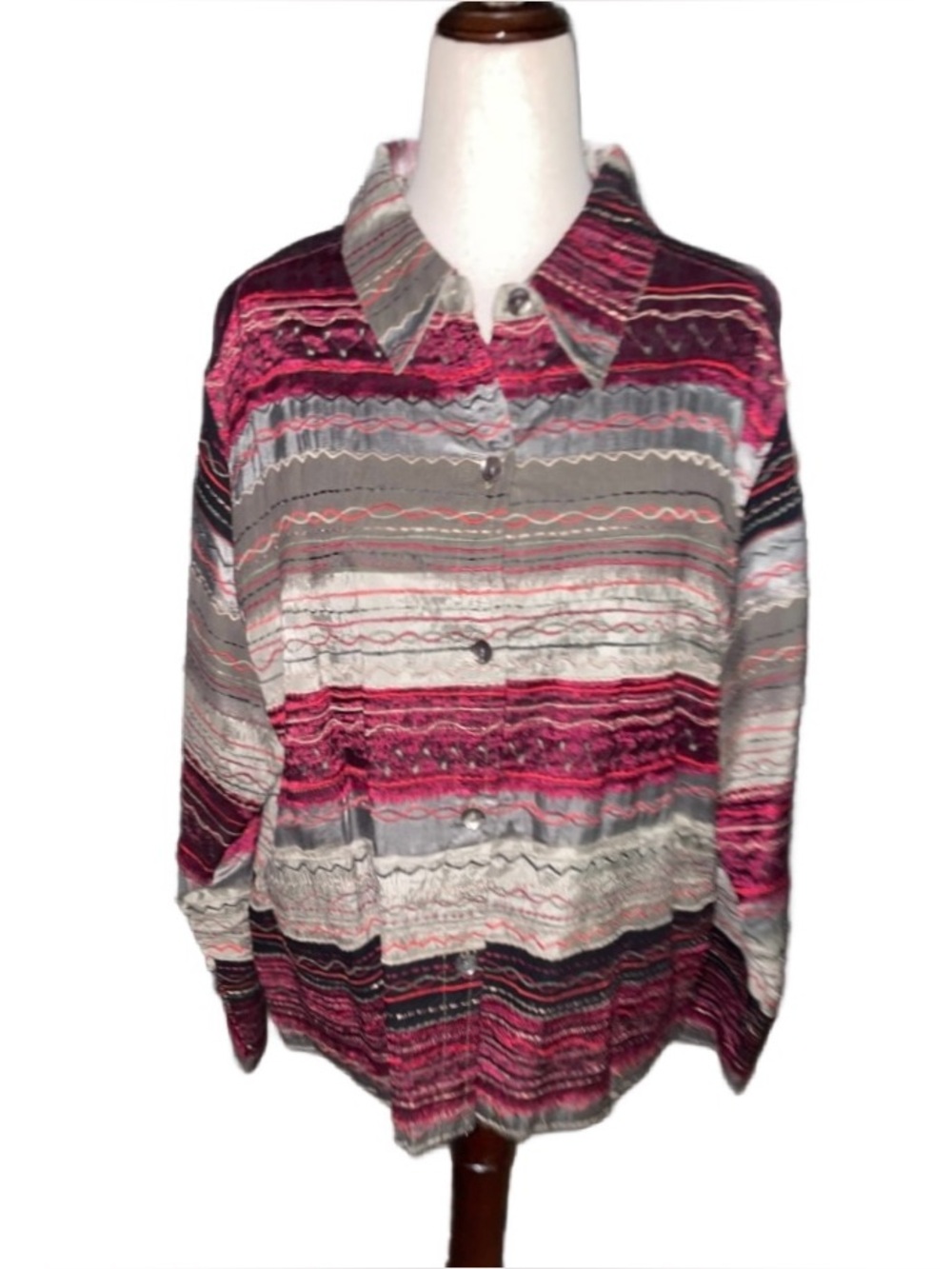 Chico’s Design ~ X- Large ~ Embroidery ~ Burgundy/ Brown/ Gold ~ Striped Jacket